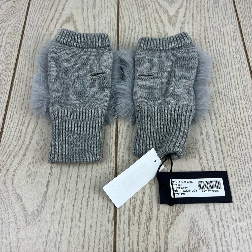 Jocelyn Faux Fox Knit Fingerless Mittens OS Light Gray $55